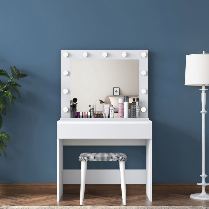 Hanah Home Mesa de Maquillaje Blanca con Espejo y Puf